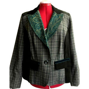 CJ Banks Jacquard Paisley Plaid Career Jacket Size 14W Gray Brown Gold Green